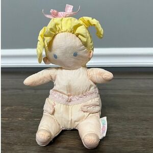 Vintage Eden Nylon Baby Doll Plush Blonde Hair Pink Bow Pastel Nursery Toy 7"